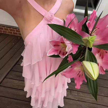 Vestido sin mangas con volantes y flores estilo halter