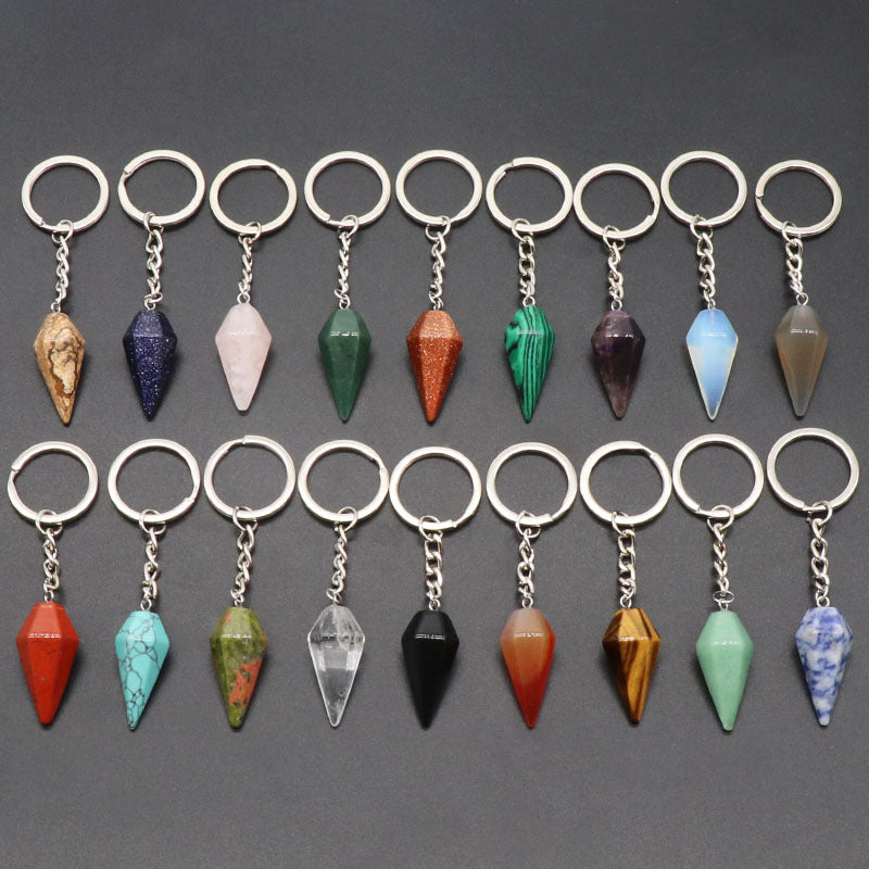 Natural Crystal Agate Stone Hexagonal Cone Keychain Bag Decorative Pendant