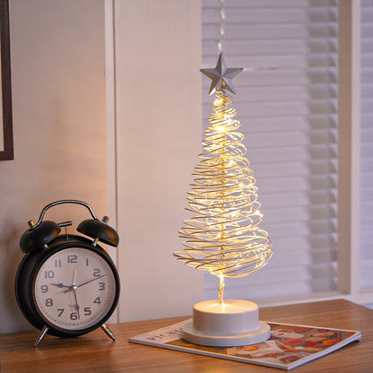 Adorno de mesa con luz en espiral de árbol de Navidad LED, lámpara de escritorio de hierro forjado para dormitorio, luz nocturna de ambiente navideño