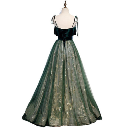 Vestido largo de banquete con temperamento de tirantes verde oscuro de fantasía Mori