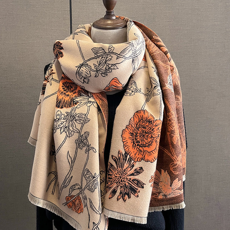 Women's Thick Warm Printing Cashmere Scarf Double-sided Shawl