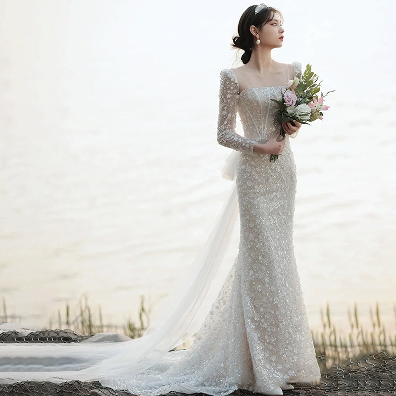 Vestido de novia ligero de cola de pez estilo francés Temperamento de novia