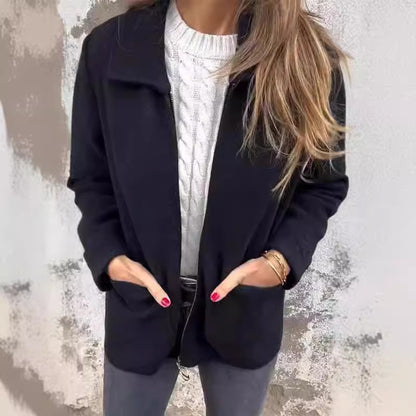 Chaqueta con cremallera de solapa y bolsillos, abrigo de color liso a la moda para otoño e invierno, ropa de mujer