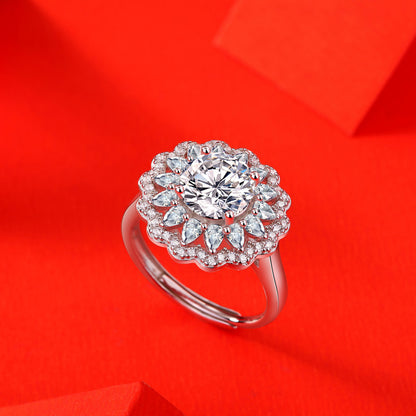 Anillo de moissanita de plata S925 con flores para mujer, nuevo anillo de moda, anillo ajustable de origen en existencias