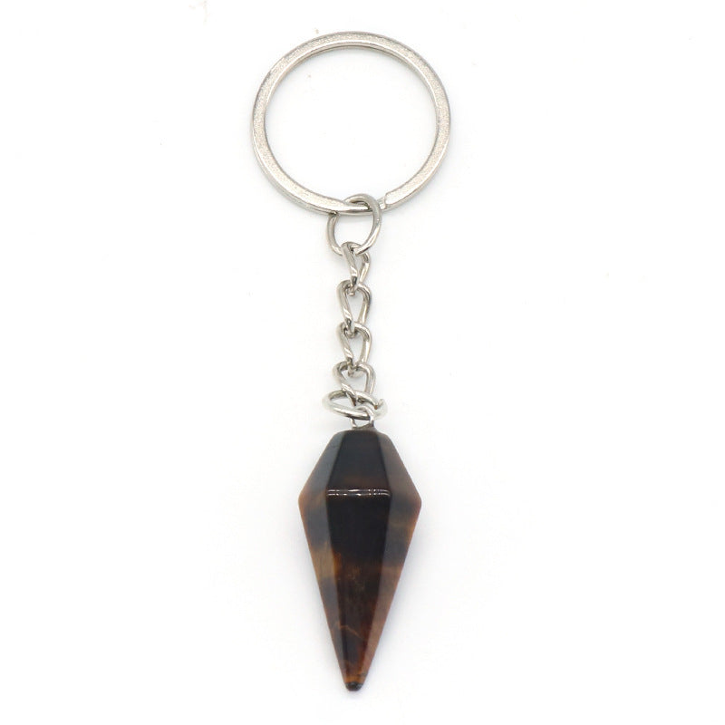 Natural Crystal Agate Stone Hexagonal Cone Keychain Bag Decorative Pendant