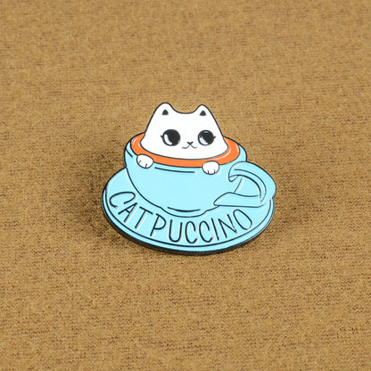 Pet Theme Coffee Shop Souvenir Blue Teacup Cute White Cat Coffee Brooch Badge