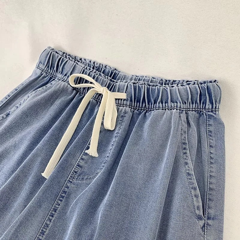 Pantalones anchos de mezclilla con cordón para mujer