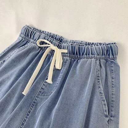 Pantalones anchos de mezclilla con cordón para mujer