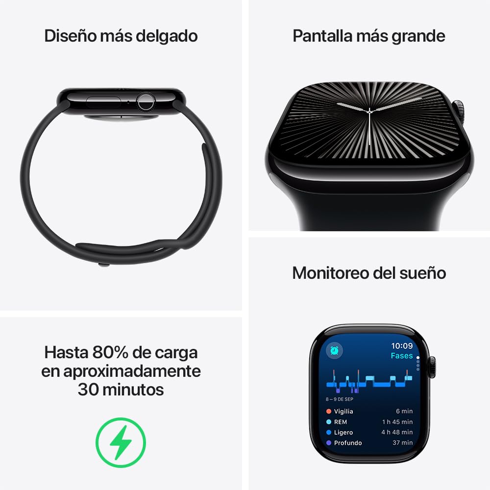 Apple Watch Series 10 GPS • Caja de Aluminio Negro Azabache de 42 mm • Correa Deportiva Negra - S/M 