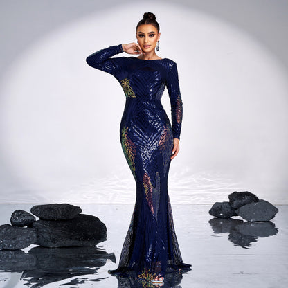 Long Sleeve Temperament Crew Neck Sexy Long Sequined Banquet Evening Dress