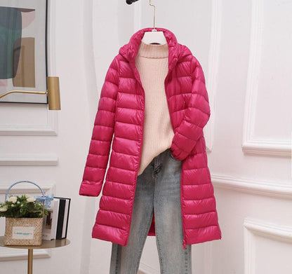 Chaqueta de plumas para mujer, de longitud media, con capucha, ligera, cálida y con gorro desmontable