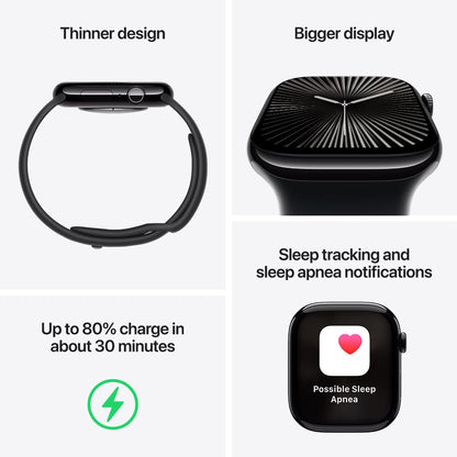 Apple Watch Series 10 GPS • Caja de Aluminio Negro Azabache de 42 mm • Correa Deportiva Negra - S/M 