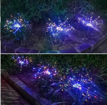 Nueva cadena de luces LED de fuegos artificiales solares con enchufe de tierra, cable de cobre, decoración de jardín al aire libre, luces de estrellas, luces navideñas