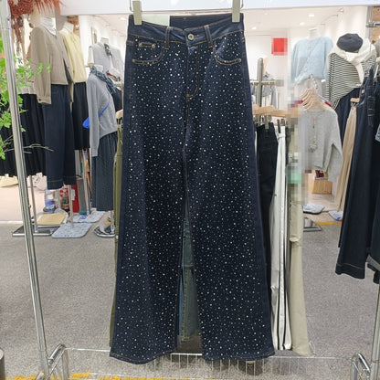 Pantalones vaqueros estilo coreano informales con espalda azul oscuro y efecto piedra del Rin