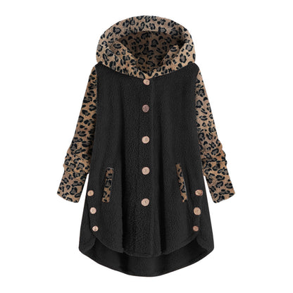 Abrigo de felpa con capucha y manga larga con botones y estampado de leopardo para mujer de otoño e invierno