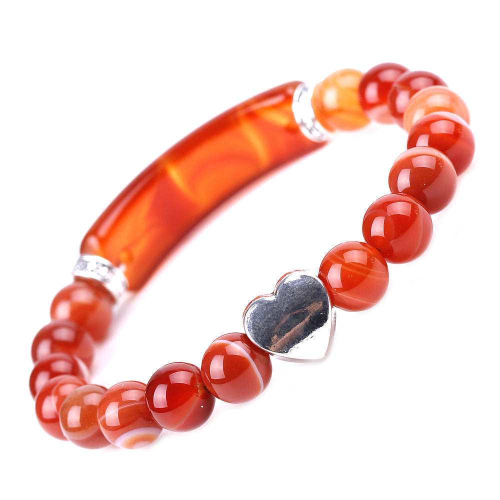 Pulsera de moda con corazón de ágata roja a rayas para mujer