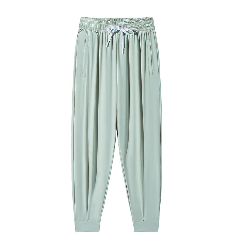 Pantalones de seda de hielo a prueba de sol para mujer, primavera-verano, cintura alta, holgados, rectos