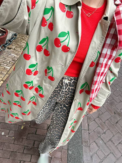 Abrigo de solapa con estampado de frutas de color caqui nuevo y elegante de estilo europeo y americano