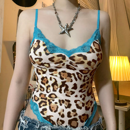 Mono con estampado de leopardo y encaje para chica sexy, estilo retro europeo y americano