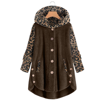 Abrigo de felpa con capucha y manga larga con botones y estampado de leopardo para mujer de otoño e invierno