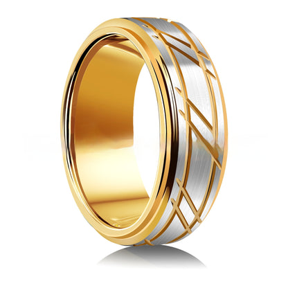 Anillo de tungsteno y sarga pulida de diseño sencillo de oro amarillo de 8 mm para hombre