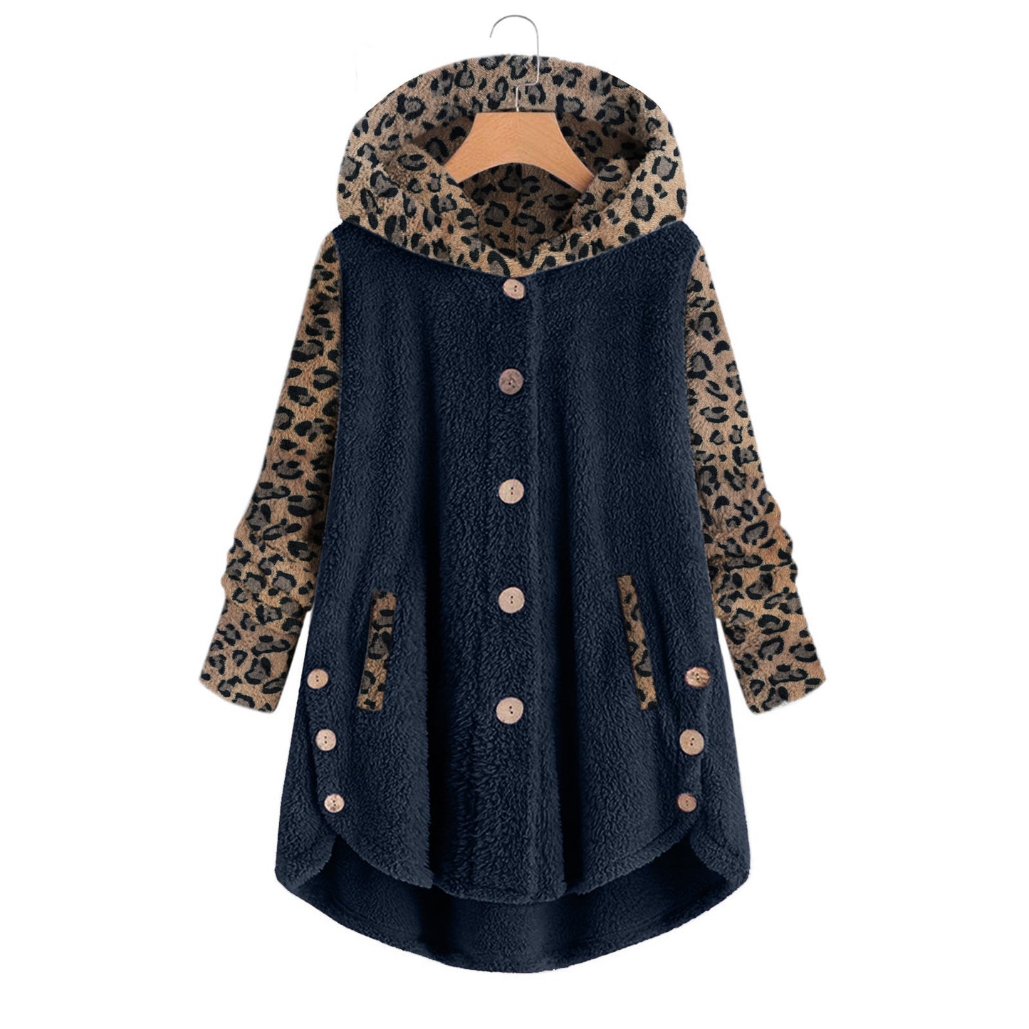 Abrigo de felpa con capucha y manga larga con botones y estampado de leopardo para mujer de otoño e invierno