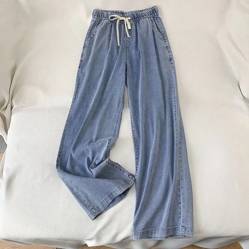 Pantalones anchos de mezclilla con cordón para mujer