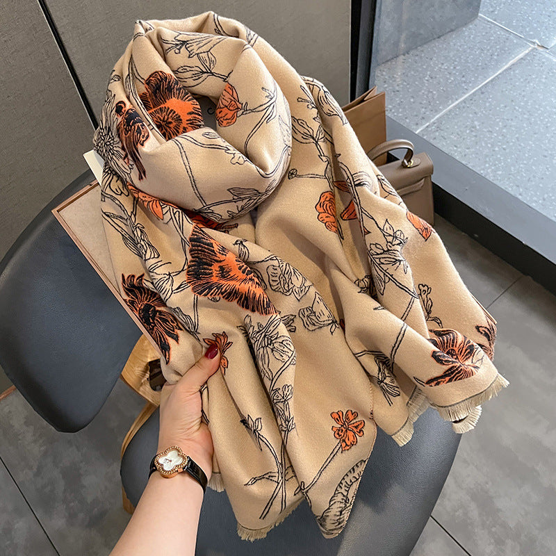 Women's Thick Warm Printing Cashmere Scarf Double-sided Shawl