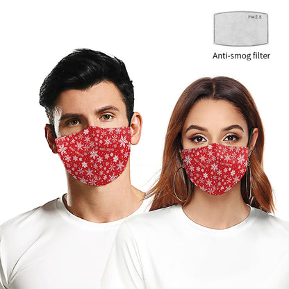 Mascarilla antipolvo de doble capa con estampado digital de copos de nieve navideños en rojo