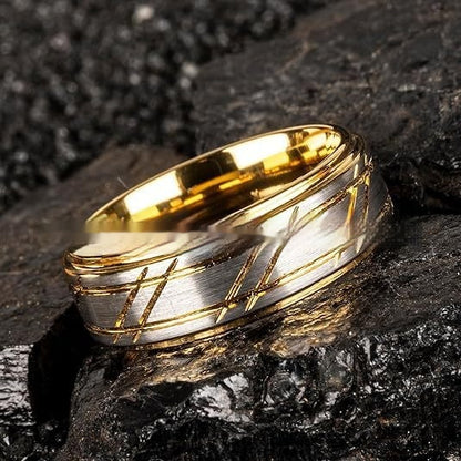 Anillo de tungsteno y sarga pulida de diseño sencillo de oro amarillo de 8 mm para hombre