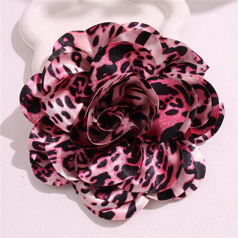 French Satin 19cm Fabric Exaggerated Leopard Large Flower Brooch