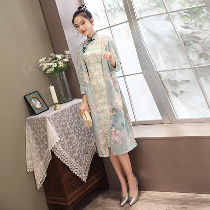 Vestido cheongsam de largo medio para mujer con gamuza y aodai