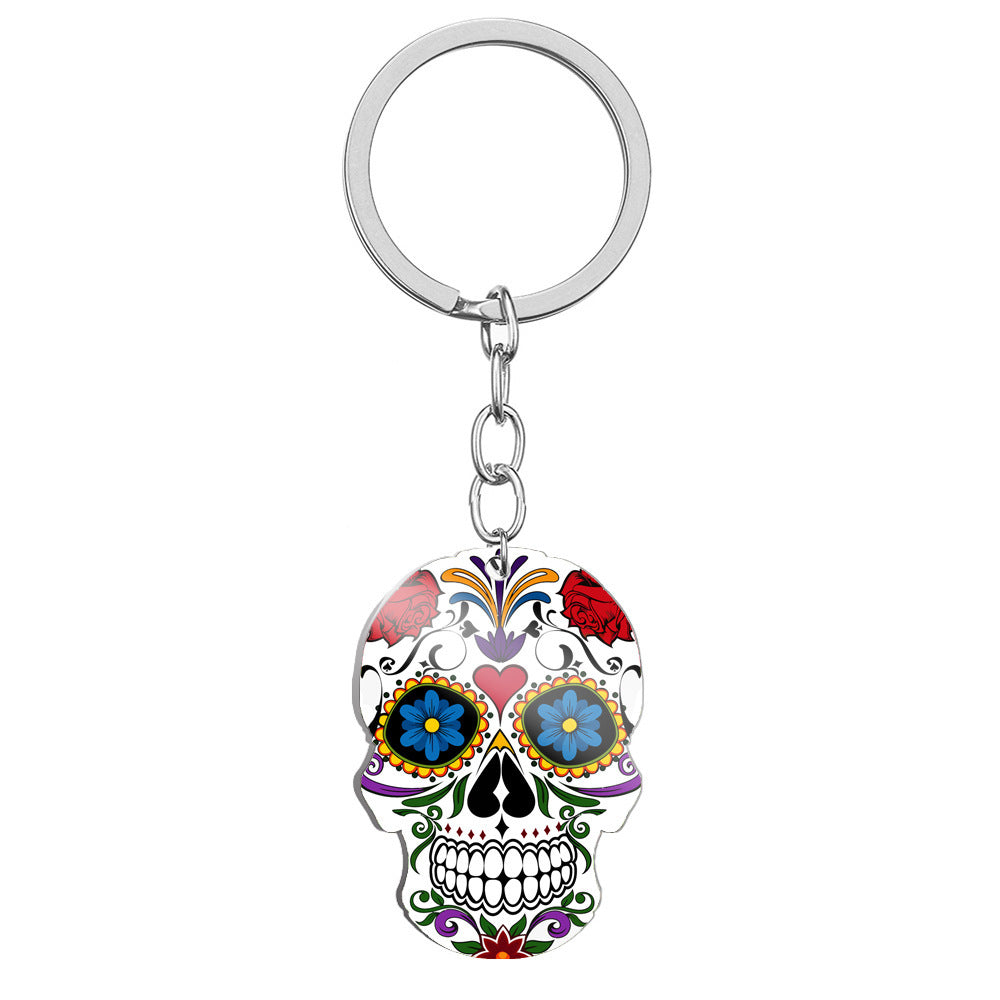 Day Of The Dead Skull Color Printing Stainless Steel Key Ring