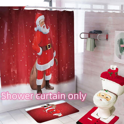 Cortina de baño navideña con diseño de Papá Noel y asiento de inodoro con adornos navideños