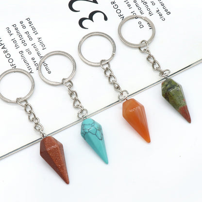 Natural Crystal Agate Stone Hexagonal Cone Keychain Bag Decorative Pendant