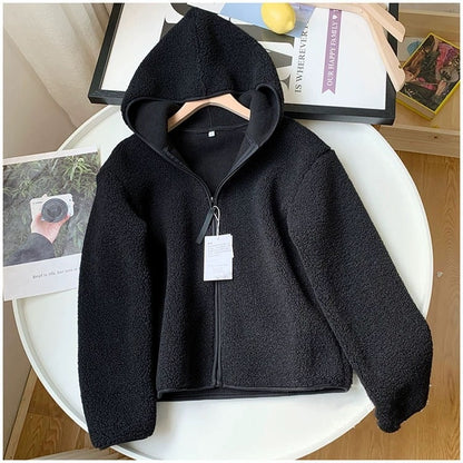 Sudadera con capucha y manga larga de cachemira sintética de otoño e invierno con cremallera y forro polar