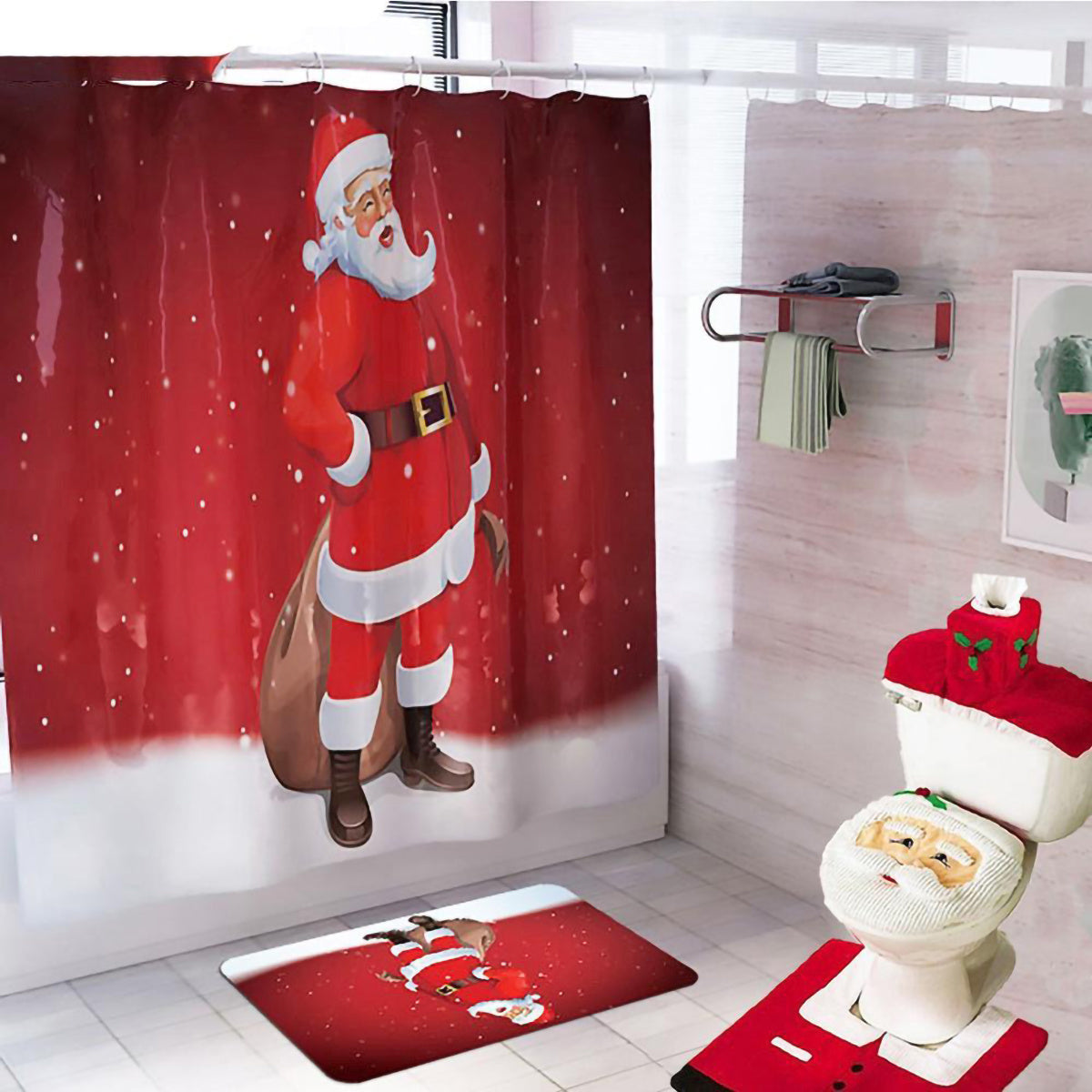 Cortina de baño navideña con diseño de Papá Noel y asiento de inodoro con adornos navideños