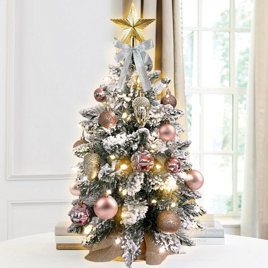 Mini árbol de Navidad de 2 pies con luz artificial, decoración navideña pequeña para mesa con nieve flocada, decoración exquisita y adornos navideños para mesa para el hogar y la oficina, oro rosa