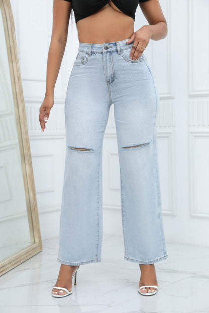 Elegantes jeans anchos rotos para mujer