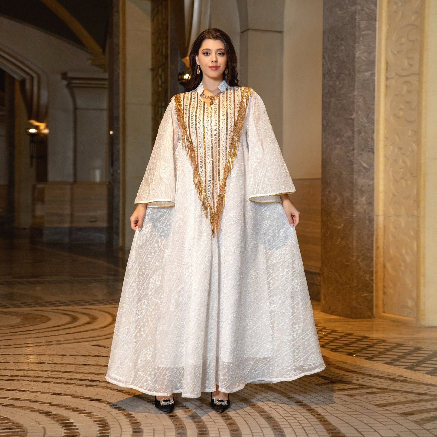 Vestido de noche de festival árabe de Dubái, túnica de malla bordada con lentejuelas, Oriente Medio