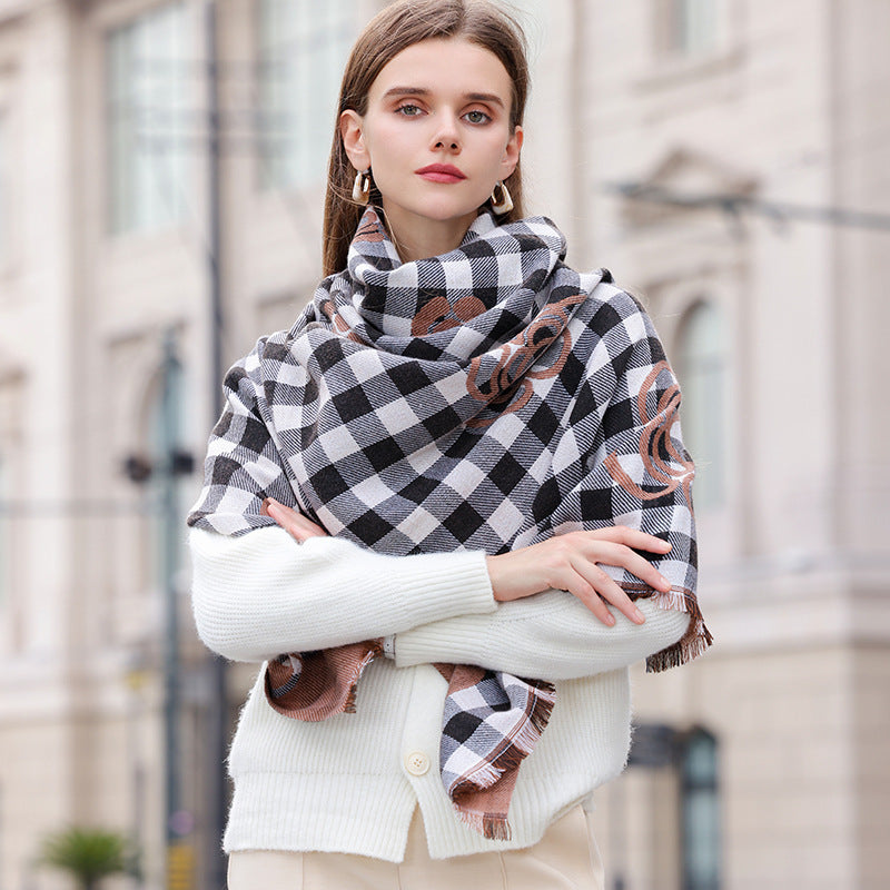 Bufanda térmica de cuadros con borlas estampadas y protección contra el frío de alta calidad para otoño e invierno, chal de longitud media