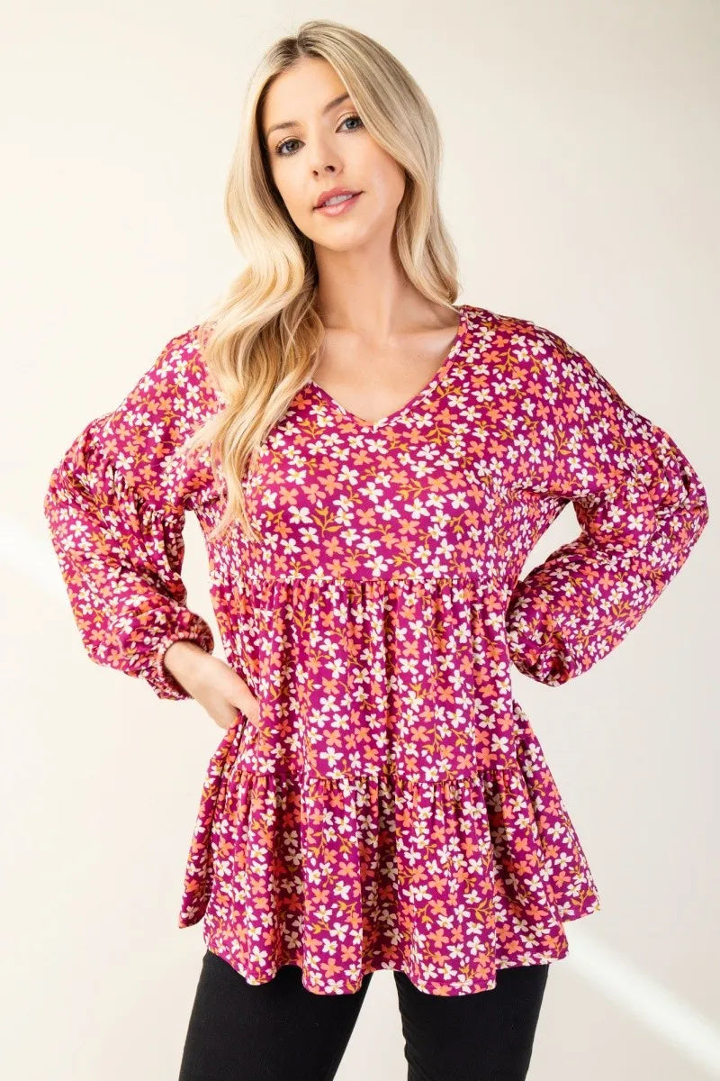 Blusa con escote en V y mangas abullonadas con estampado floral de tamaño completo Celeste