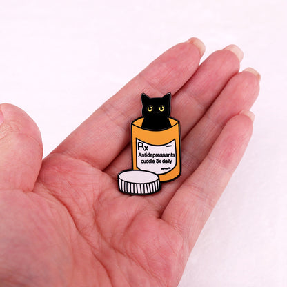 Black Cat Medicine Bottle Brooch Anti-depression Medical Prescription Badge