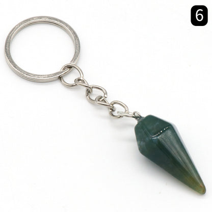 Natural Crystal Agate Stone Hexagonal Cone Keychain Bag Decorative Pendant