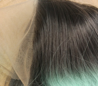 Peluca de encaje frontal, cabello largo y liso, para mujer, con degradado medio, color verde degradado, capucha de fibra química