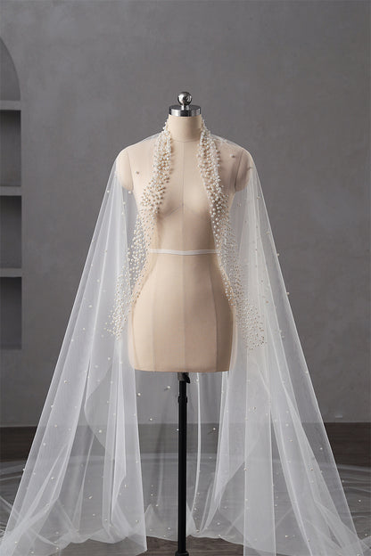 Pearl Wedding Veil 1 Layer Long Bridal Cathedral Veil