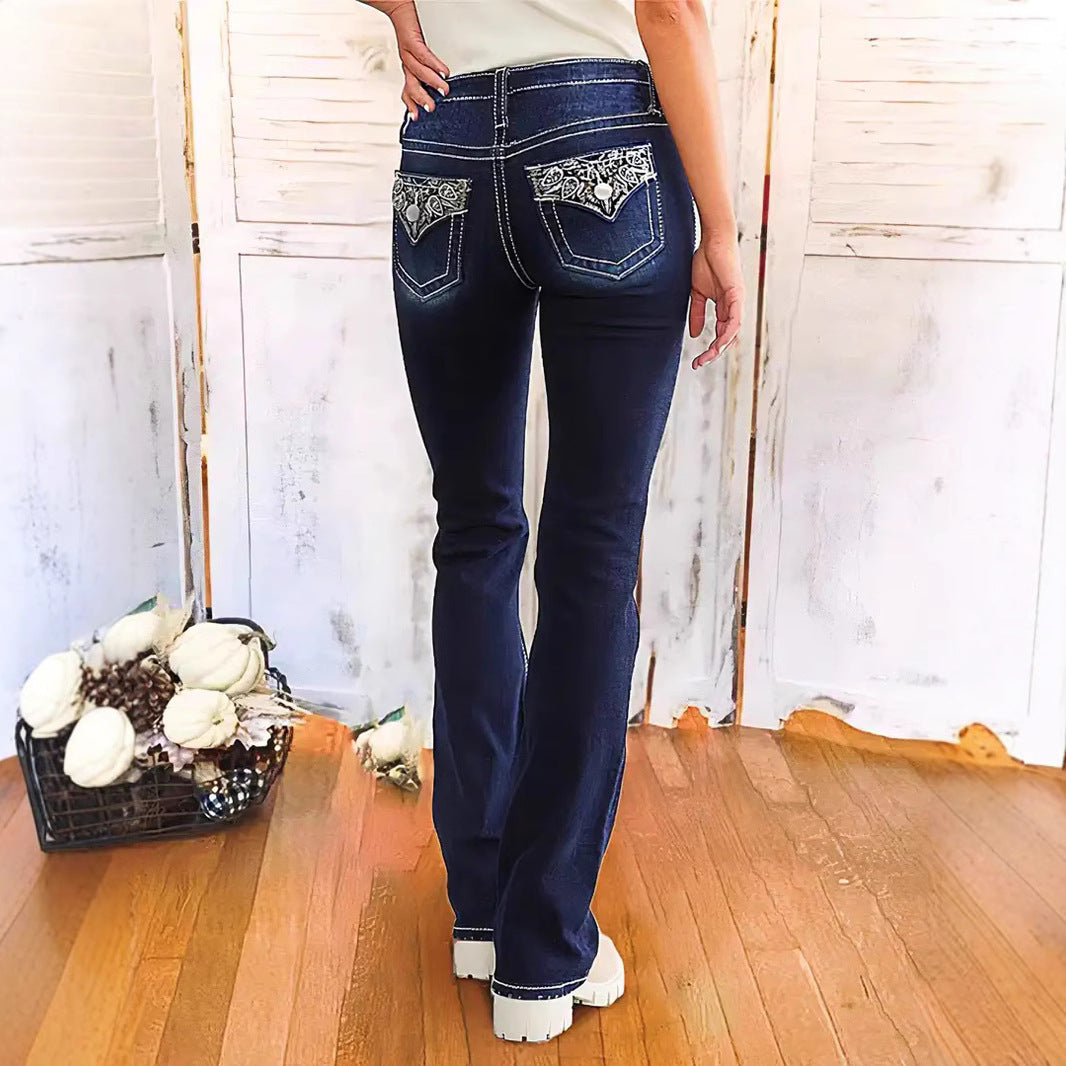 Women's Fashion Embroidered Denim Trousers Retro