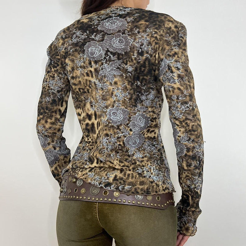 Camiseta con estampado de leopardo sexy y hueca para chica caliente