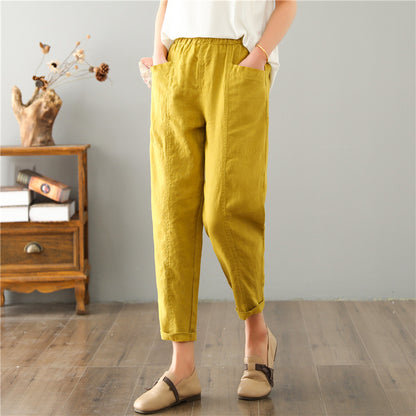 Pantalones casuales holgados de cintura alta de lino para mujer