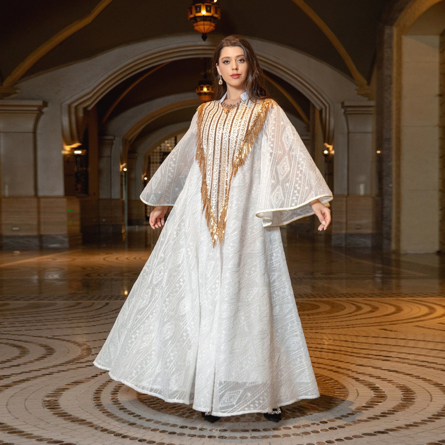 Vestido de noche de festival árabe de Dubái, túnica de malla bordada con lentejuelas, Oriente Medio